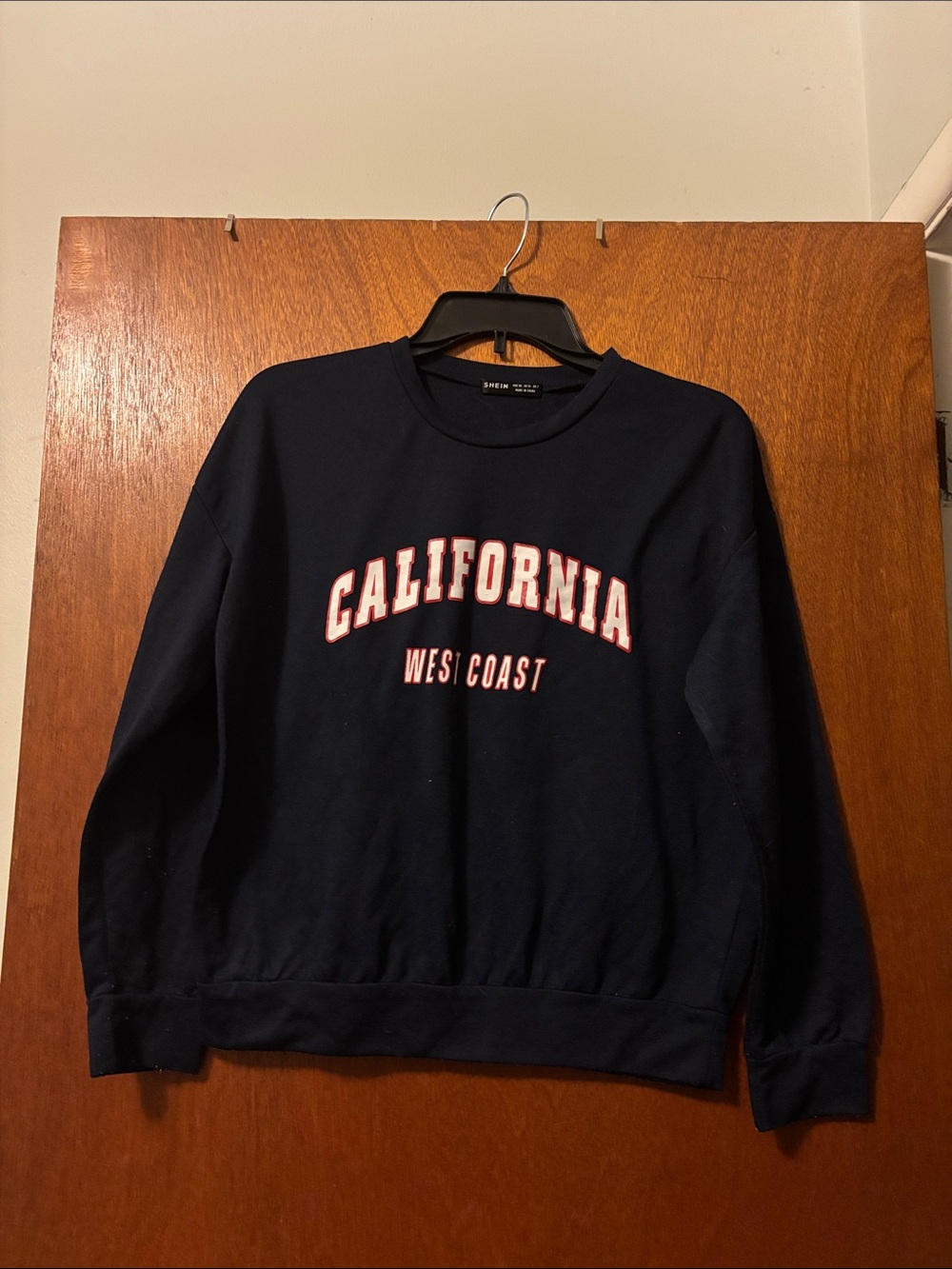 SHEIN Navy Crewneck Sweatshirt with White and Red Text